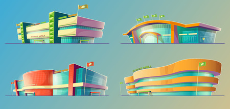 Set of vector cartoon illustrations, various supermarket buildings, shops in an orthagonal projection. Icons of modern large malls, stores. Print, template, design elementのイラスト素材