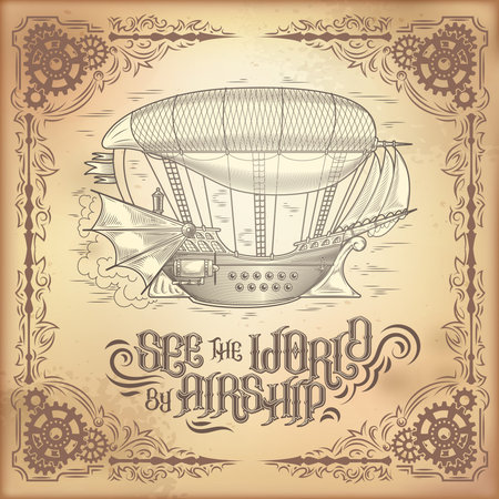 Vector steampunk poster, illustration of a fantastic wooden flying ship in the style of engraving with decorative frame of gears. Template, design elementのイラスト素材
