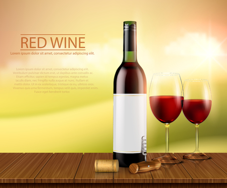 Vector illustration, bright realistic poster with glass wine bottles and glasses with red wine standing on a wooden table. Template, moc up for advertising, design, brandingのイラスト素材