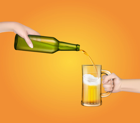 Vector illustration of a cold barley beer pouring from a bottle into a transparent glass in a realistic style.のイラスト素材