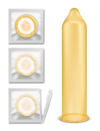 Set of vector illustration of latex condom in packing and without it isolated on white background, contraception and sexual protection.のイラスト素材