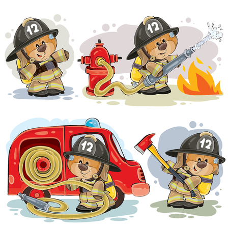 Set of vector clipart illustrations of teddy bear firefighter with rescue equipment isolated on white. Prints, design elementsのイラスト素材