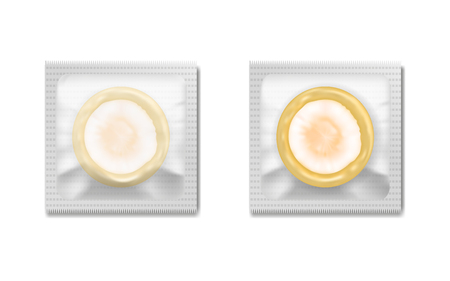 Set of vector illustration of latex condom in packing isolated on white background, contraception.のイラスト素材