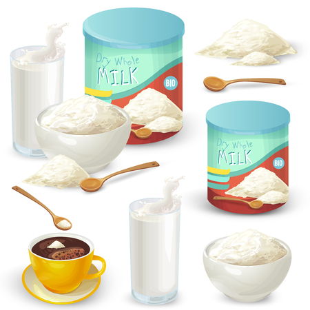 Vector set of cartoon illustration of milk powder in a closed aluminum can and poured into a bowl, a glass of prepared instant milk and the addition of milk powder into a cup of tea, coffee.