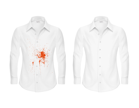 Set of vector illustrations of a white shirt with a red stain from ketchup, blood and clean, before and after a dry cleaning isolated on a white background.のイラスト素材