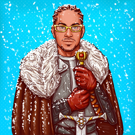 Vector pop art illustration of a medieval knight in steel armor, winter fur cloak and glasses, with an iron sword in his hands during the snow.のイラスト素材