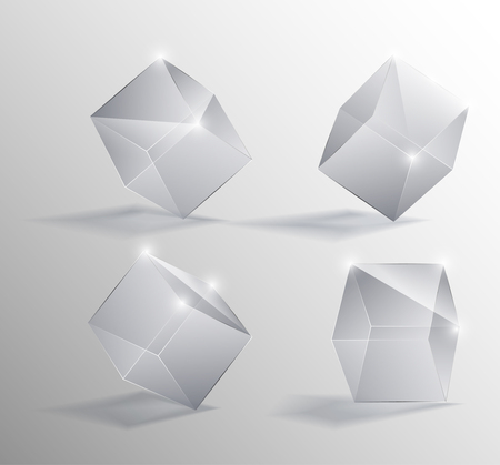 Vector realistic illustration of a transparent glass cubes in different positions, with shadow, isolated on a gray background. 3-D designのイラスト素材