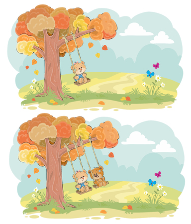 Cute teddy bears children swinging on tree swing on meadow cartoon vector set. Autumn romance, friendship, tender romantic feeling concept for greeting card design, kids book illustration.のイラスト素材