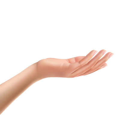 Facing up womans hand realistic vector illustration isolated on white background.  Female open palm up in getting or receiving something gesture, holding, showing, presenting product business conceptのイラスト素材