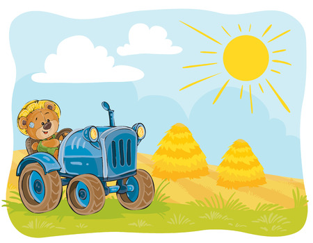 Vector illustration teddy bears tractor driver working on the field.のイラスト素材