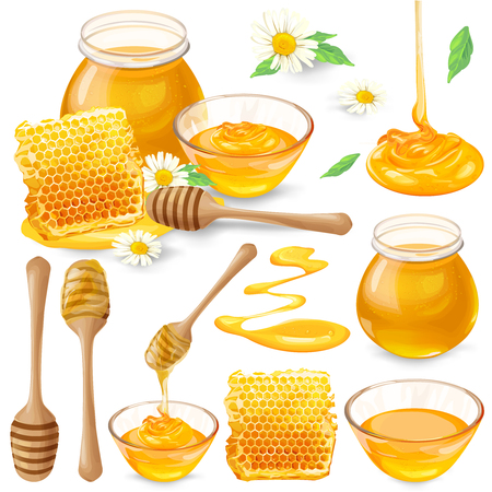 Set of vector illustrations of honey in honeycombs, in a jar dripping from a honey bucket, isolated on a white background in a realistic style. Template, design element, print.のイラスト素材