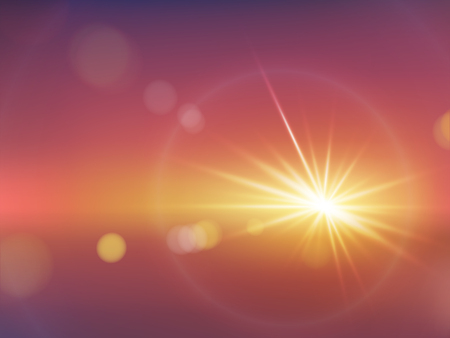 Flash of bright soft light with rays and bokeh realistic vector on gradient warm red background. Abstract dazzling blurry glowing, fire explosion, far star, lighting flare with halo, sunlight effectのイラスト素材
