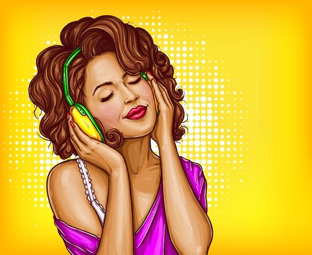 Young pretty woman in vintage headphones listening music with closed eyes pop art vector illustration on dotted background. Curly girl music lover relaxing when enjoying her favorite song. Copyspaceのイラスト素材