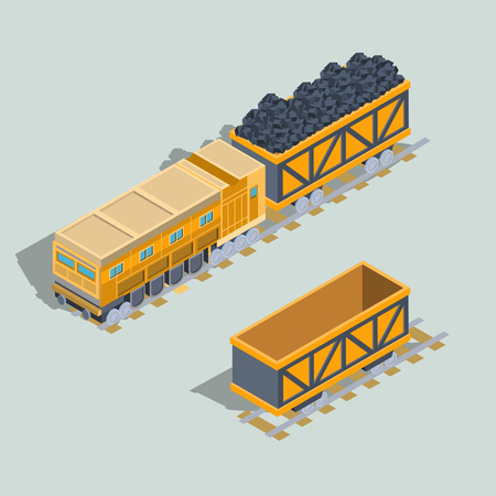 Set of locomotive and railway wagons empty and full of coal, quarry industrial machines isometric projection isolated vector illustrationのイラスト素材