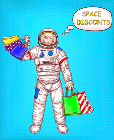 Smiling woman in spacesuit, female astronaut or space explorer with colorful paper shopping bags in hand pop art vector illustration. Space discounts concept for big seasonal sales.のイラスト素材