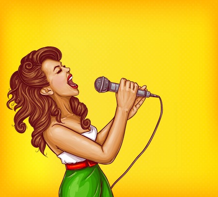Expressive singing woman with microphone in hands pop art vector illustration with copy space. Karaoke signer, musical band vocalist, pop star pin up portrait for party, concert or musical event ad.のイラスト素材
