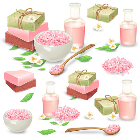 Organic handmade soap packed in craft paper, aromatic salt in bowl and wooden spoon, massage oil in bottle vector illustrations set isolated on white background.のイラスト素材