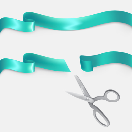 Whole and cut with scissors on two pieces turquoise silk or satin ribbon realistic vector illustration isolated on white background. Grand opening, start-up beginning, event celebrating design elementのイラスト素材