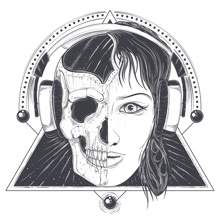 Woman in headphones with half face skull hand drawn vector illustration isolated on white background. Mystic and scary female portrait with geometric ornaments for music poster, tattoo or printのイラスト素材