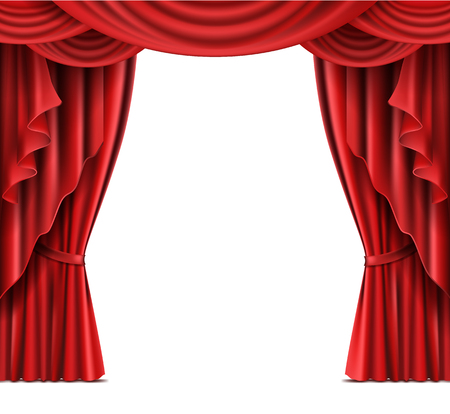 Opened red stage curtain realistic vector illustration with copyspace on white background. Grand opening concept, performance or event premiere poster, announcement banner template with theater stageのイラスト素材