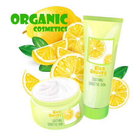 Branded tubes of soothing cream with lemon for sensitive skin realistic vector illustration isolated on white background. Organic cosmetics concept for womens body care eco beauty product adのイラスト素材