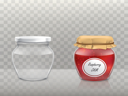 A set of vector illustrations in a realistic style of glass figured jars is empty and with a raspberry jam covered with a lid and paper tied with twine and a white label. Template, element for design.のイラスト素材