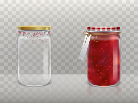 A set of vector illustrations in a realistic style of glass round jars is empty and with raspberry jam covered with a lid and bandaged twine and a label. Template, element for design.のイラスト素材