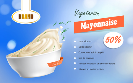 Vector illustration of a mayonnaise brand in a plate with a low fat content and text next to it in a realistic style. Advertisement, sample, template.のイラスト素材