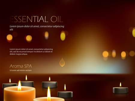 Vector illustration of a realistic composition for aroma spa therapy, relaxation, meditation of burning candles with a bright flame.Advertising poster template for spa salon.のイラスト素材