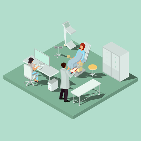 Vector isometric gynecology room with gynecological chair, couch, diagnostic equipment, computer, medical personnel and patient. Concept of early infertility diagnosis, taking care of womens health, pregnancy planningのイラスト素材