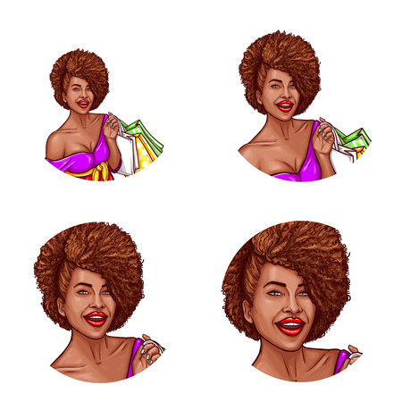 Set of vector pop art round avatar icons for users of social networking, blogs, profile icons. Young black woman with curly hair holds shopping bags in handのイラスト素材