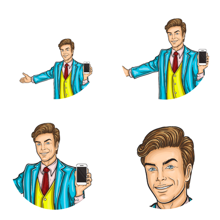 Set of vector pop art round avatar icons for users of social networking, blogs, profile icons. Businessman, manager, host, owner demonstrates smartphone and makes inviting gesture with his armのイラスト素材