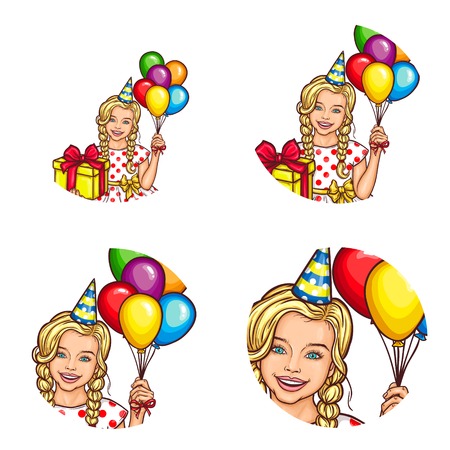 Set of vector pop art round avatar icons for users of social networking, blogs, profile icons. Child, a little blonde girl in a multi-colored cardboard cap and with balloons in her handのイラスト素材