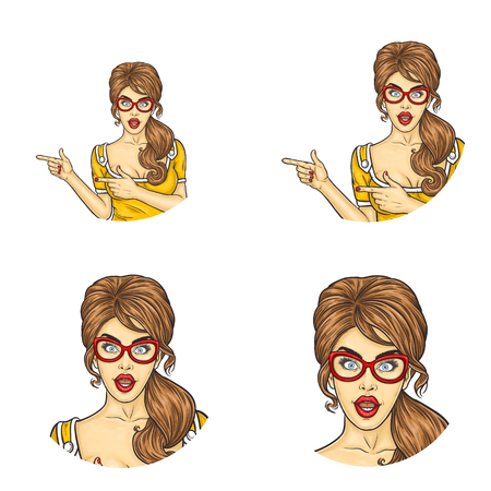 Set of vector pop art round avatar icons for users of social networking, blogs, profile icons. Young brunette girl in glasses shows somewhere with her index fingersのイラスト素材