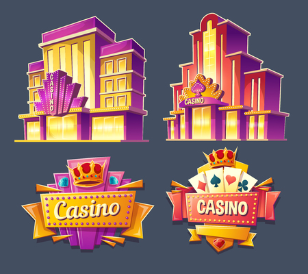 Set of vector cartoon badges, stickers, tags of casino buildings and retro signboards.のイラスト素材