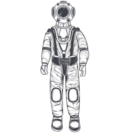 Vector black and white illustration of an astronaut, cosmonaut in a space suit and helmet, in the style of an engraving.のイラスト素材