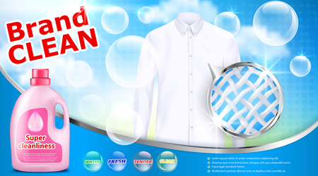 Vector realistic banner with detergent stain remover in pink plastic bottle on blue background with white shirt soap bubbles and close-up of fiber structure. Mockup package design laundry detergent adのイラスト素材
