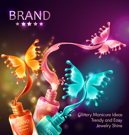 Vector realistic 3d cosmetic background, open bottles with nail polish with splashes in form of neon butterflies. Mock up, template packaging design with brand info, promo poster for nail lacquerのイラスト素材