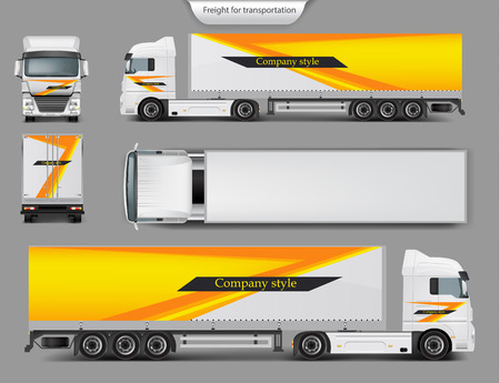 Set of vector 3d realistic icons of cargo truck, trailer front, back, top and side view isolated on gray background. Mock up, template brand design for truck, company style, identityのイラスト素材
