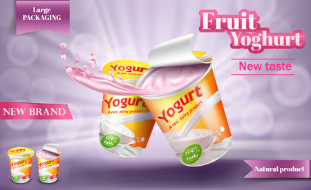 Vector realistic poster for advertising yogurt. Natural milk or creamy yogurt in large package with open lid and yogurt splash isolated on a light purple background, 3D illustrationのイラスト素材