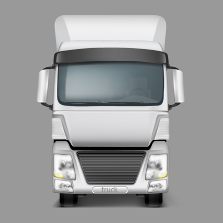 Vector 3d realistic icon of cargo truck, trailer front view, with a shadow isolated on gray background. Mock up, template for truck brand design, company style, identityのイラスト素材