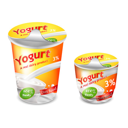 Vector 3D realistic packing for yogurt isolated on white background. Packing template, large and small plastic cup for yogurt with yellow-orange branded designのイラスト素材