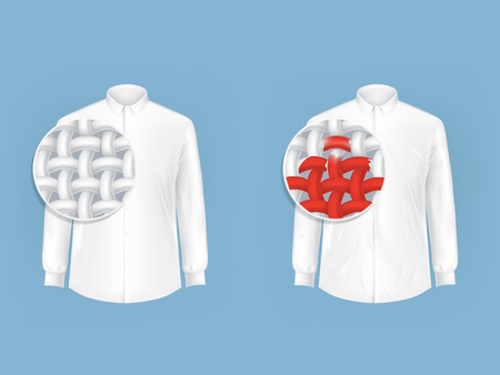 Set of vector illustrations of white shirts with magnifying glass for viewing fibers, fabric threads isolated in realistic style. White man shirt with red spot before and after dry cleaning.のイラスト素材