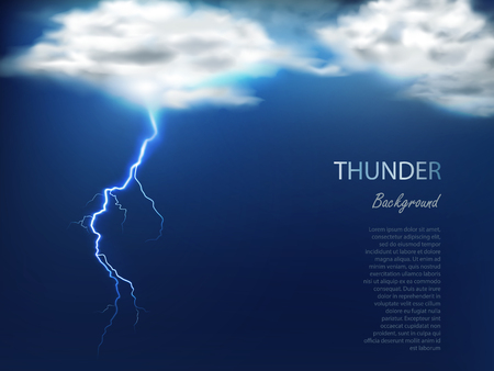 Banner, blue poster with white clouds and a charge of lightning in a realistic style, vector realistic illustration. Template, element for design.のイラスト素材