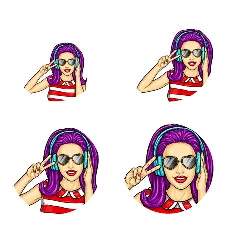 Vector set of round pop art avatar icons for users of social networks, internet profiles, blogs, chats. A young girl, a teenager with purple hair, wearing sunglasses and headphonesのイラスト素材