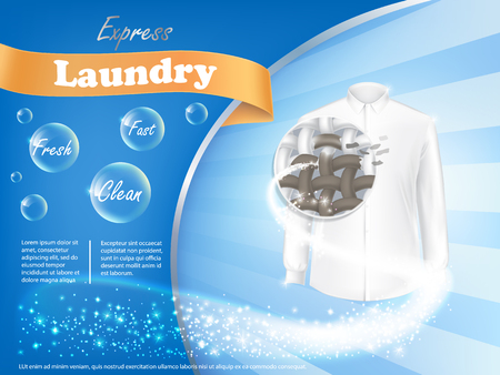 Dirty white shirt with close-up of fiber structure and soap bubbles on blue background, vector realistic banner . Mockup package design laundry detergent adのイラスト素材