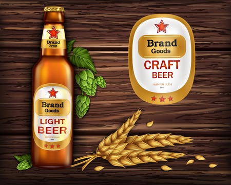 Brand labeled brown glass bottle with light beer on wooden background with ingredients, barley ears and hops, vector realistic. Poster template for classic craft beer, ad package designのイラスト素材