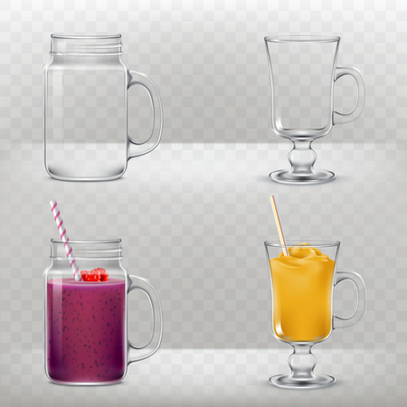 Set of vector illustrations of glass cups for smoothies, cocktails empty and with various drinks with straws for drinking in a realistic style.のイラスト素材
