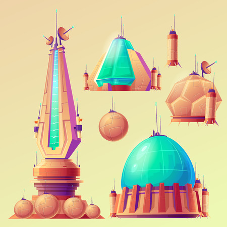 Set of unidentified space objects, UFO, space ships of extraterrestrial alien invaders, vector cartoon illustrations. Elements for game design.のイラスト素材