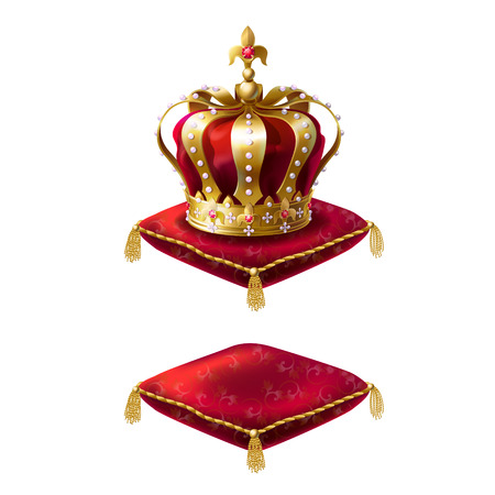 Royal golden crown with jewels on red velvet pillow, set of vector realistic icons isolated on white background. Heraldic elements, monarchic symbolsのイラスト素材